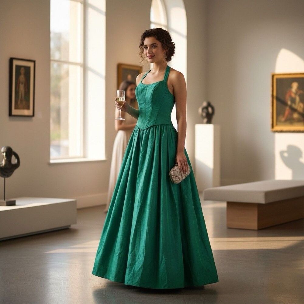 80s Jessica McClintock Iridescent Green Ball gown Corset Bodice Prom Dress S